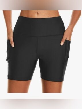 High-Waist Black 5” Swim Shorts with Side Pockets and Liner Size Large.